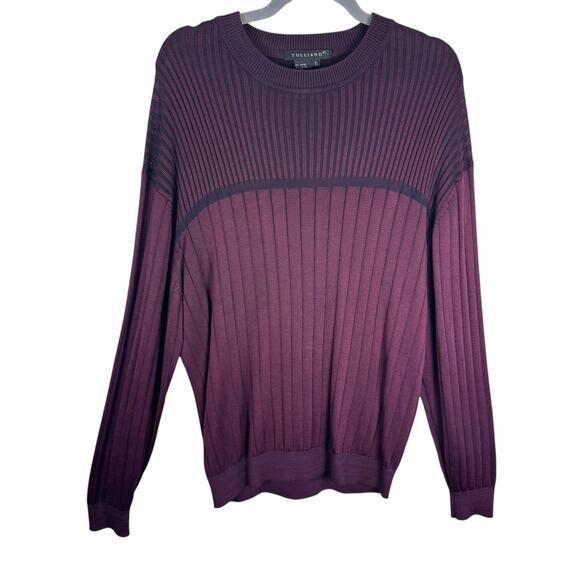 Tulliano Burgundy Black Ribbed Knit Long Sleeve Crew Pullover Sweater Men's Sz L - Picture 1 of 5